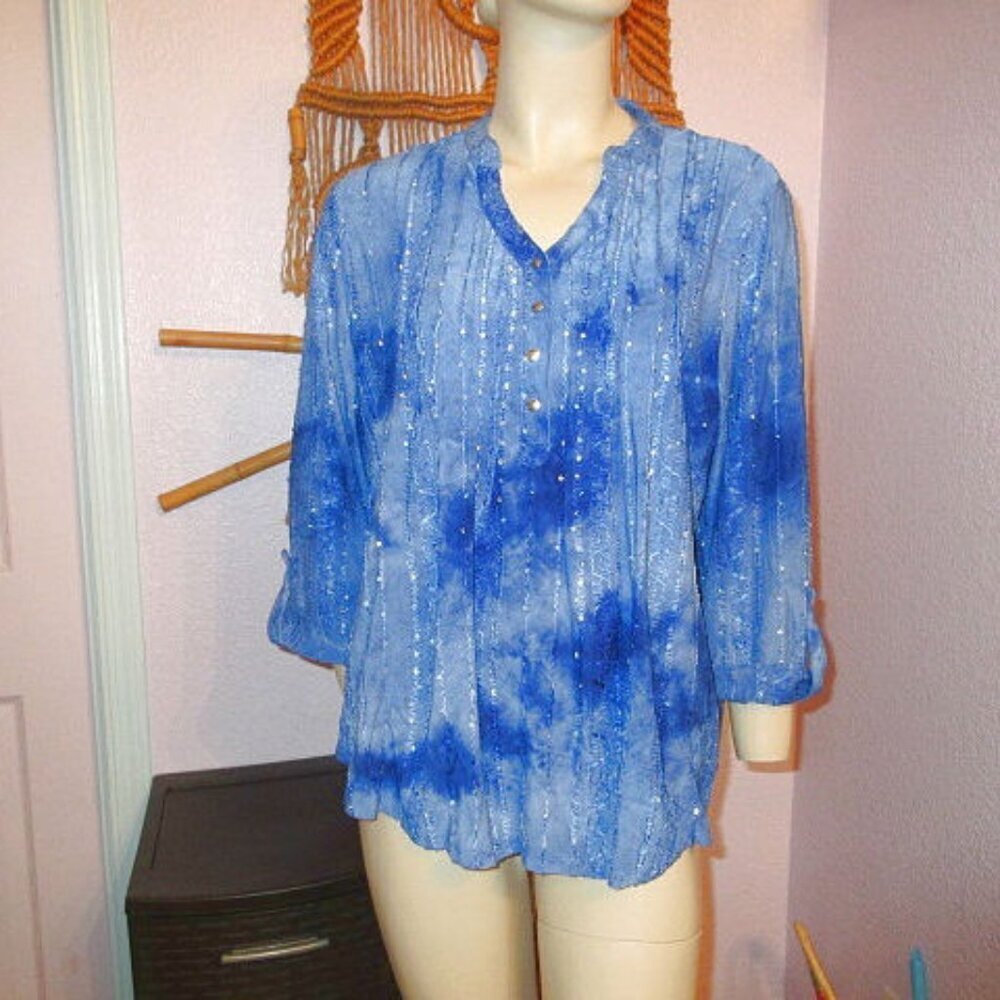 Cocomo Sparkly Popover Blouse Size 1X Sequins Embroidered Pintuck 3/4 Sleeves